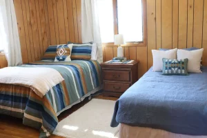 Two beds with side table and lamp on top