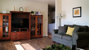 Living room with wooden entertainment center and gray couch. Entertainment center made of wood with large flat screen TV in center. Shelves on either side of TV with books and knick-knacks. Couch is gray with yellow throw pillow and white blanket draped over armrest. Plant on coffee table in front of couch. Walls painted light beige color with framed picture hanging on wall. Floor made of hardwood with rug in front of couch. Room well-lit with natural light coming in from window on right side of image.