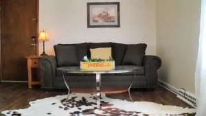 Living room with dark brown sofa with three seat cushions and two green throw pillows with ‘Coca Cola’ written on them in white. Round coffee table with glass top and chrome base. Cowhide rug is black and white and covers most of the floor. Wooden side table with lamp next to sofa. Framed picture of boat hanging on wall above sofa. Walls are white and floor is hardwood.