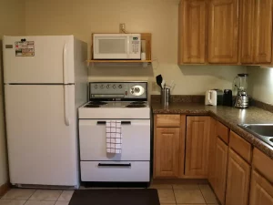 Kitchen with fridge and cooking range with oven on top