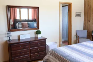 Room with dressing table and washroom door