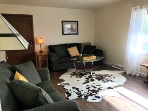 Living room with gray sofa and black leather armchair with yellow throw pillows. Round glass coffee table with white and black cowhide rug underneath. Walls painted light beige color with framed landscape painting hanging on wall. Wooden door on left side of room and window with white curtains on right side. Room lit by floor lamp with orange lampshade